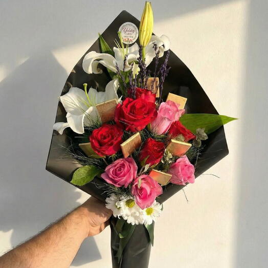 Chocolate Lily and Mixed Rose Bouquet – With a Touch of White Daisy