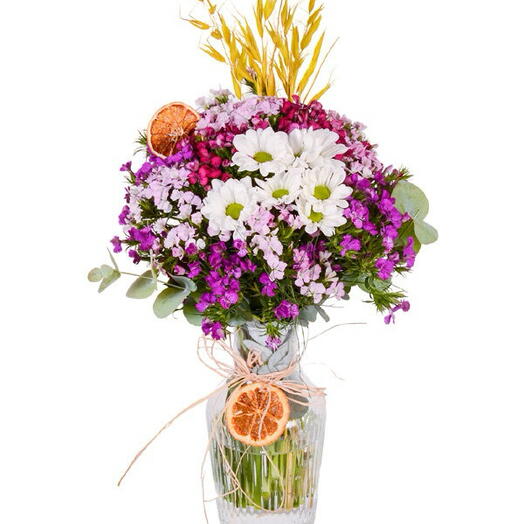 Striped Vase with Colorful Alstroemeria and Daisies