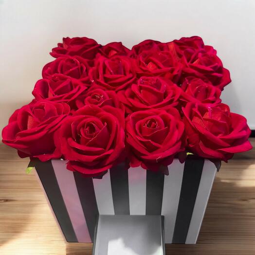 16 Red Artificial Roses Black and White Boxed Gift Box