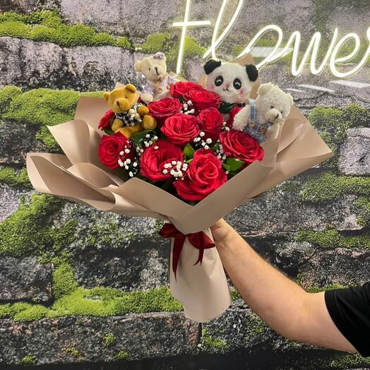 11 li Kırmızı Gul   4 Peluş Ayıcık Buketi