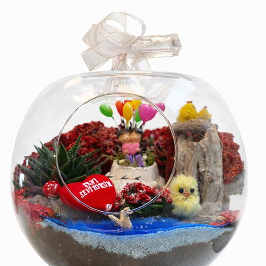 Orta Boy Elma Fanus Teraryum - Romantik Çift ve Balonlu Tasarım