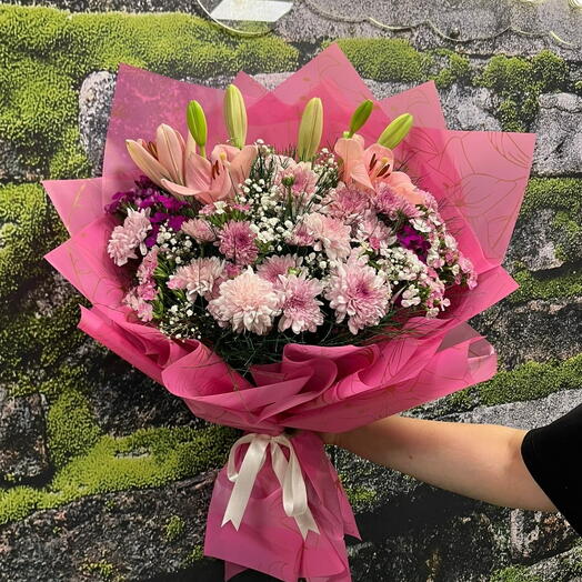 Buyuk Boy Pembe Lilyum Kasımpatı Buketi