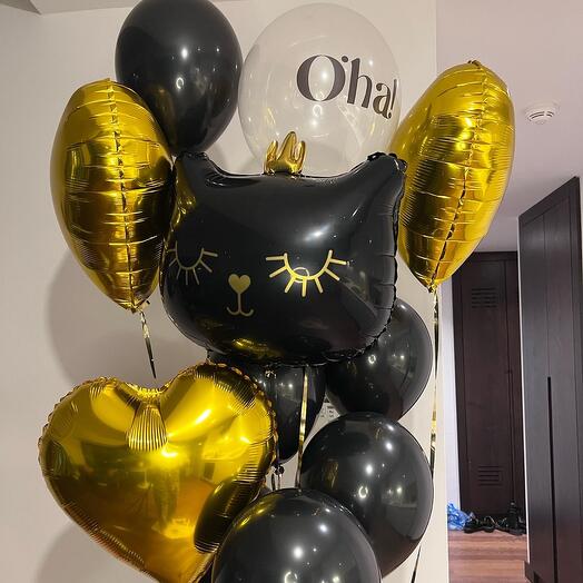 Siyah ve Altın Kalpli Kedi Balon Seti