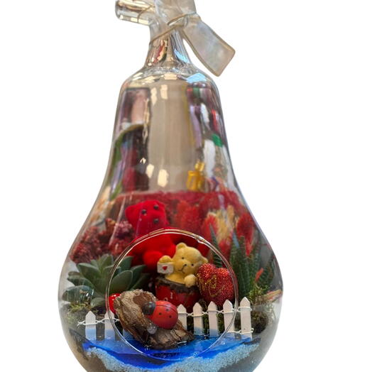 Orta Boy Armut Cam Teraryum – Ayıcık   Kalpli Figurlu Özel Tasarım