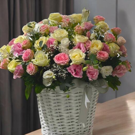 Flowers in basket: pink lisianthus, white lisianthus.