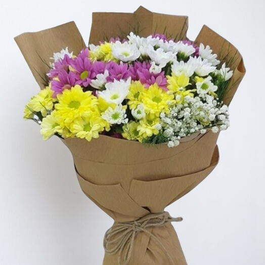 Kraft Kağıda Sarılı Rengarenk Papatya Buketi