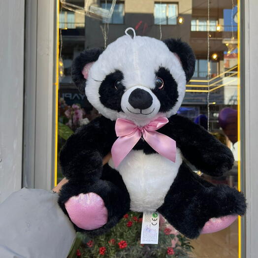 🐼🎀 35 CM Peluş Sevimli Panda | Pembe Fiyonklu Yumuşak Oyuncak