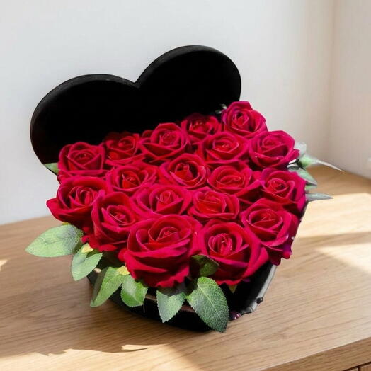 Artificial Red Roses in a Heart-Patterned Black Box – Elegant and Romantic Gift