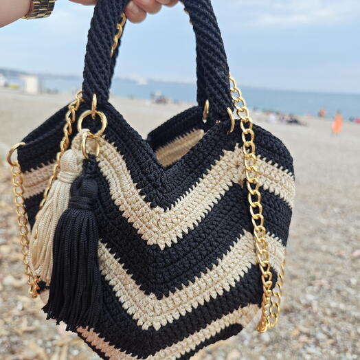 El Yapımı Örgu Makrome Çanta Zikzak Desenli Siyah