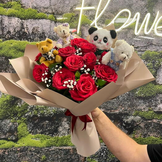 4 PELUŞ AYICIKLI 11 Lİ KIRMIZI GÜL BUKETİ